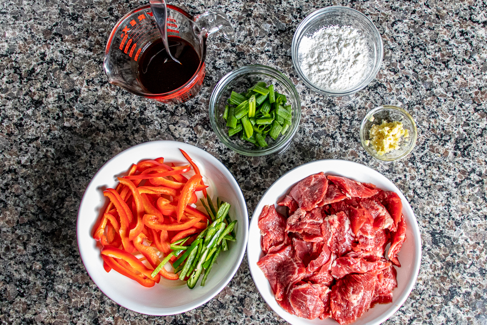 Mongolian beef ingredients sliced
