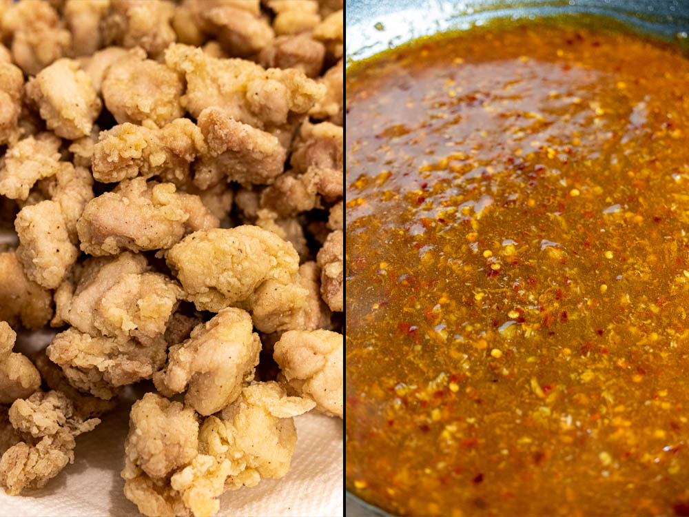 split image of fried chicken pieces and orange sauce