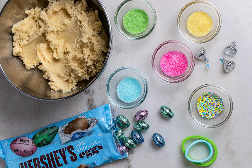 easter blossom cookie dough and sugars and candies for topping