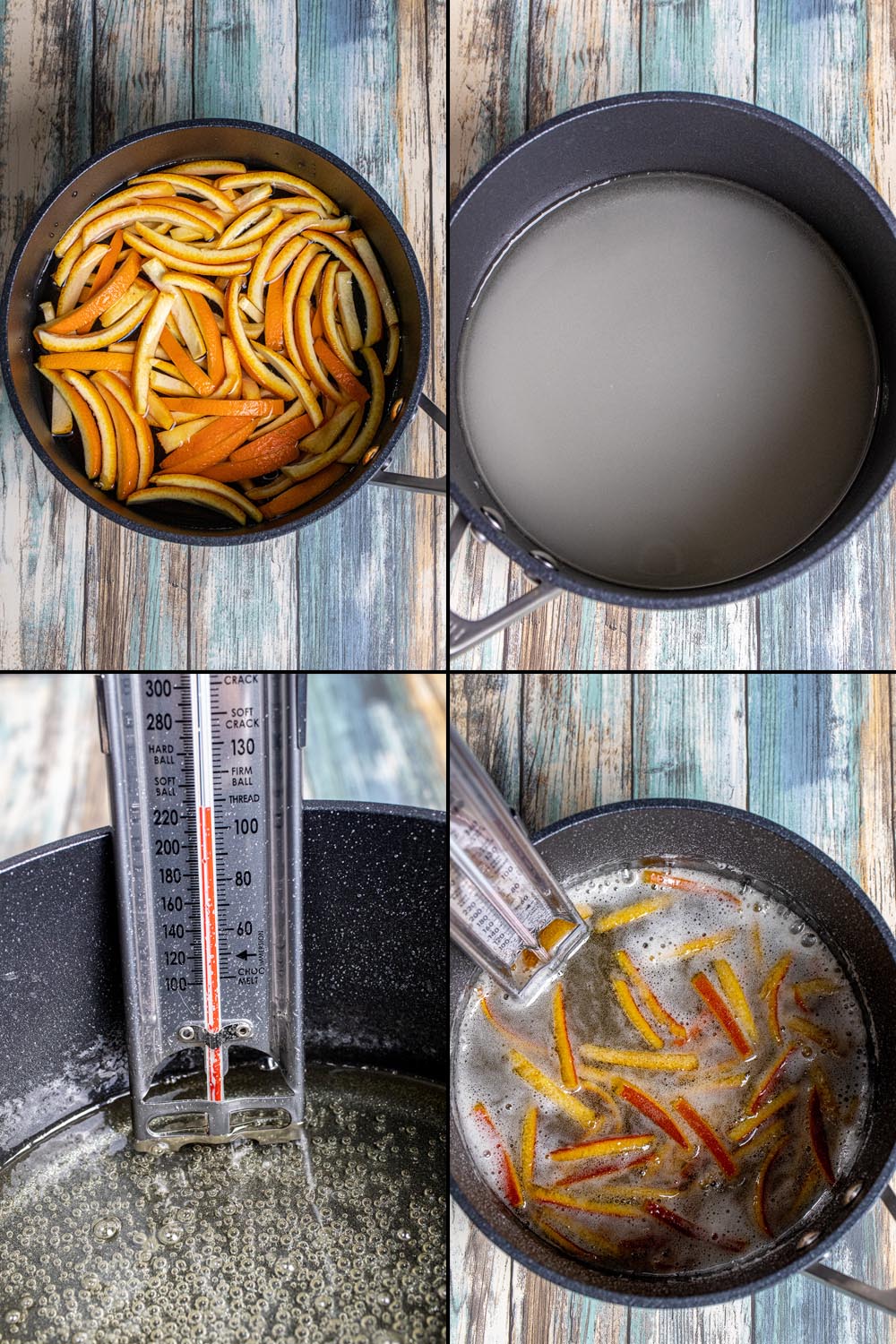 4 stages of cooking candied orange peels