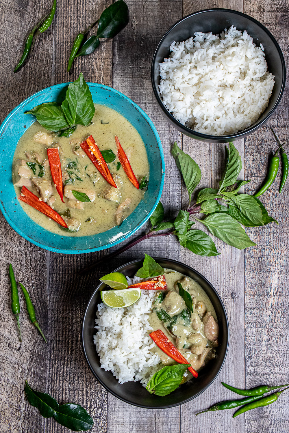 overhead view of Thai green curry with rice