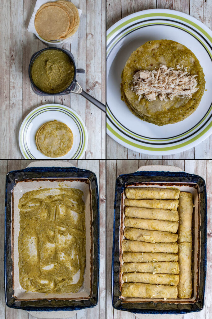 filling and rolling green chicken enchiladas