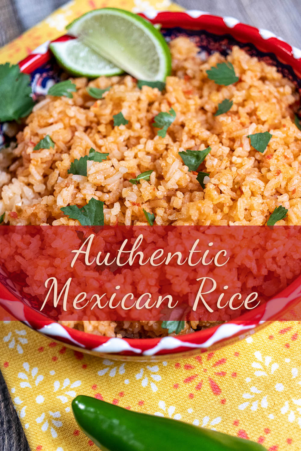 mexican rice in a red and white bowl with limes for pinterest
