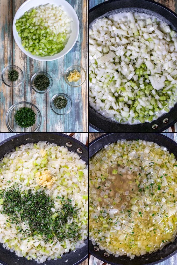 first 4 steps in making classic Thanksgiving stuffing