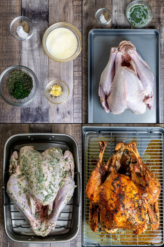 first 4 steps in making an herb-roasted turkey and gravy