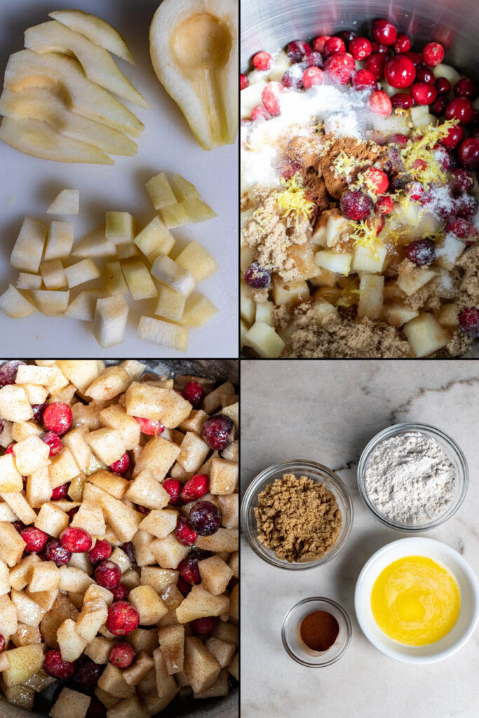 first 3 steps in making cranberry pear crumble pie