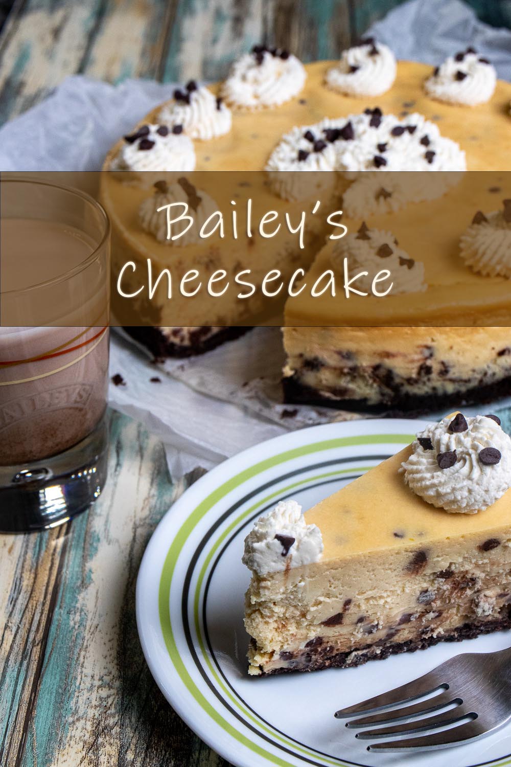 A slice of Bailey's cheesecake with chocolate chips and glass of Bailey's next to it.