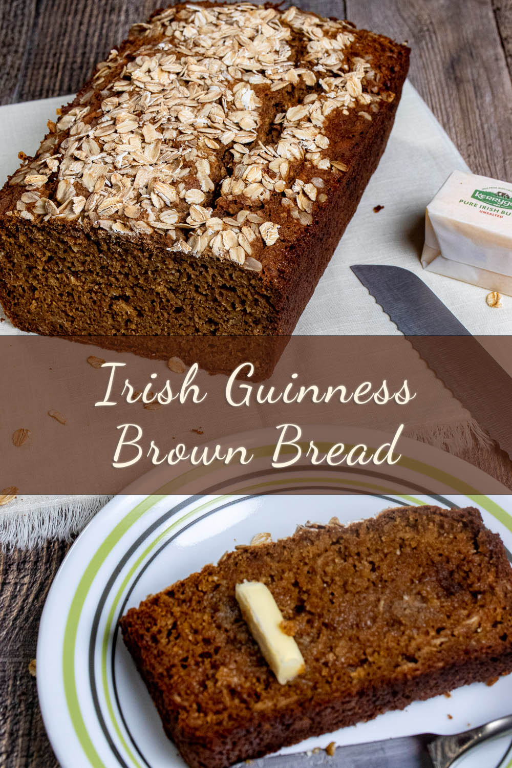 Irish Guinness brown bread on white linen and a buttered slice on a plate in the foreground