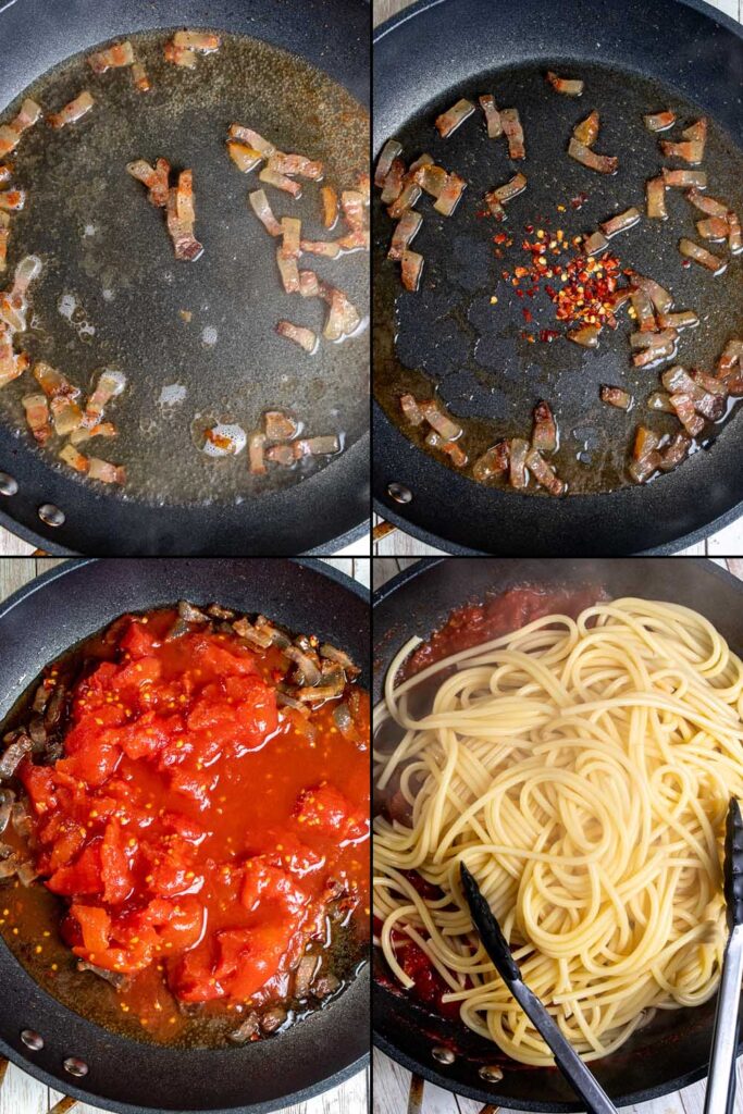 first 4 steps in making authentic bucatini all'amatriciana