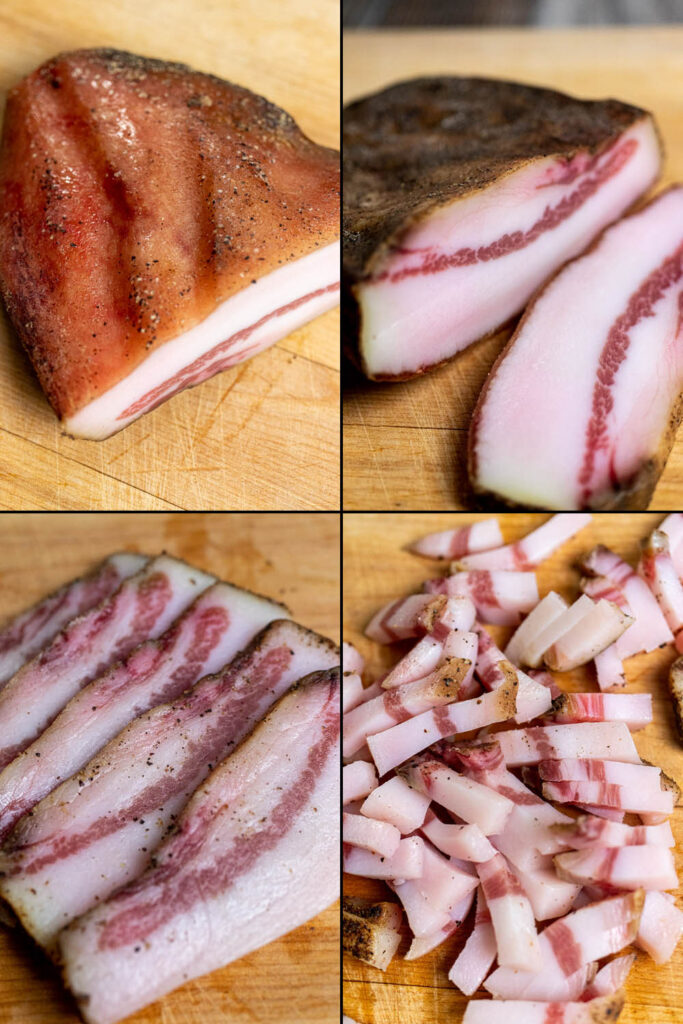 how to trim and cut guanciale into lardons/strips.