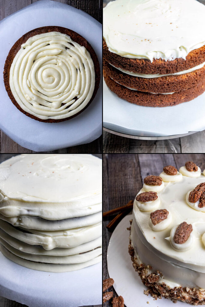 Frosting and decorating a carrot cake.