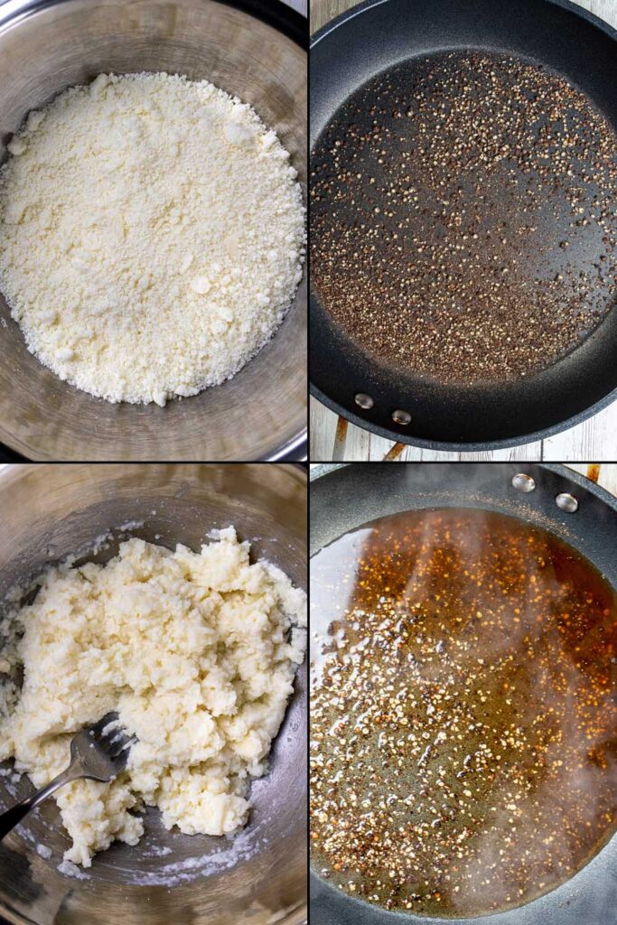 First four steps in making cacio e pepe.
