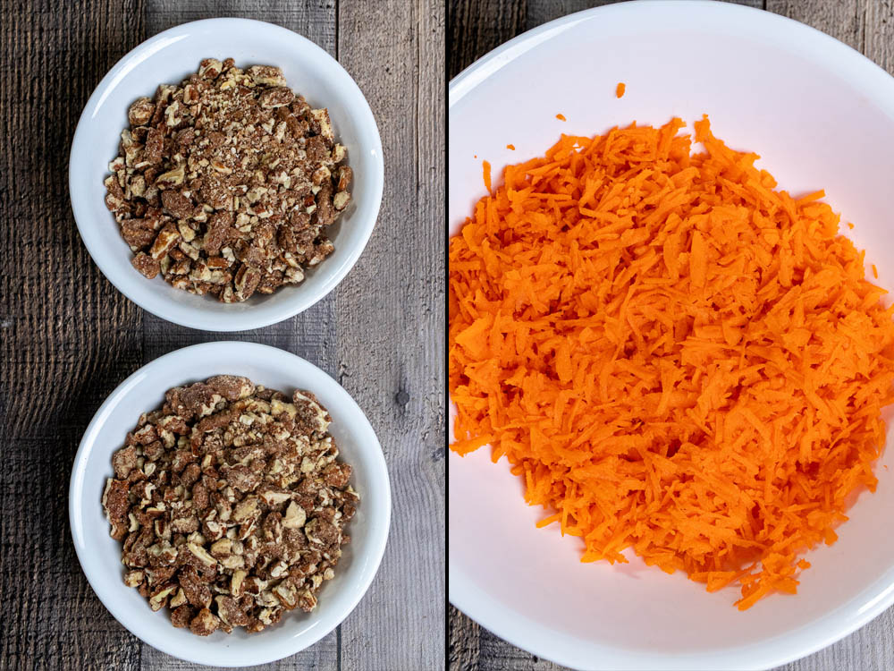 Chopping and dividing pecans and shredding carrots for carrot cake.