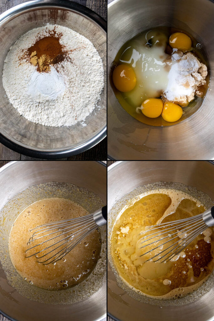 First 4 steps in making carrot cake. 