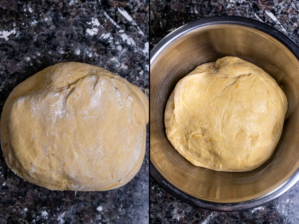 Kneading Italian Easter bread dough by hand and letting rise.