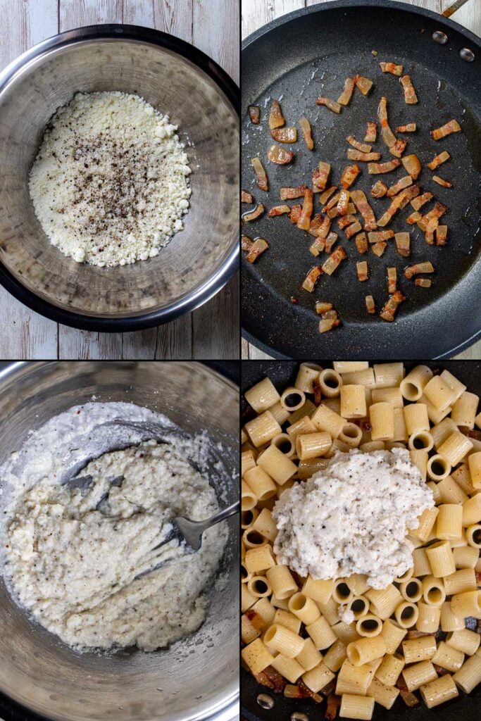 The four steps in making pasta alla gricia. 