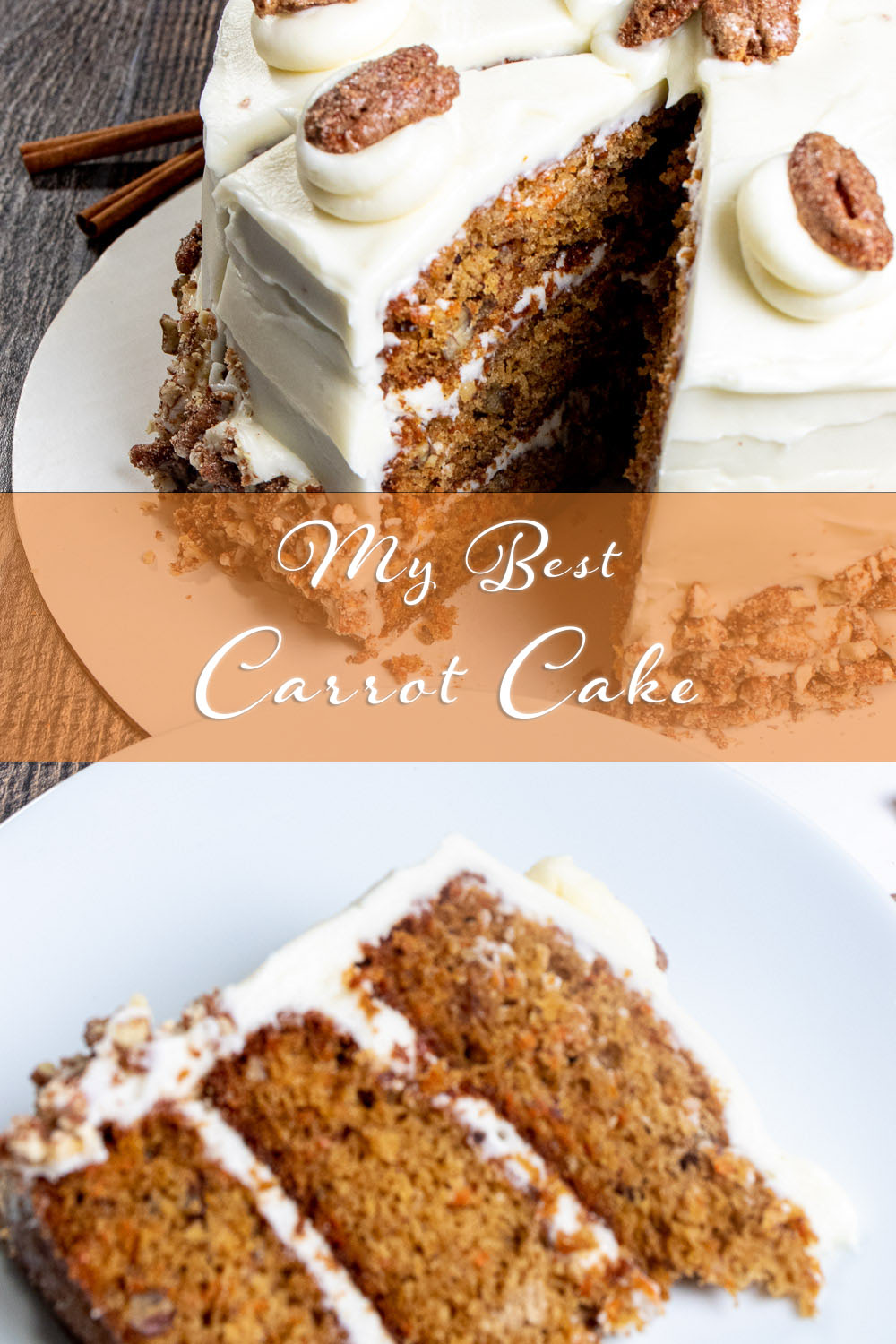 Angled view of a slice of 3-layer carrot cake with whole cake behind it.