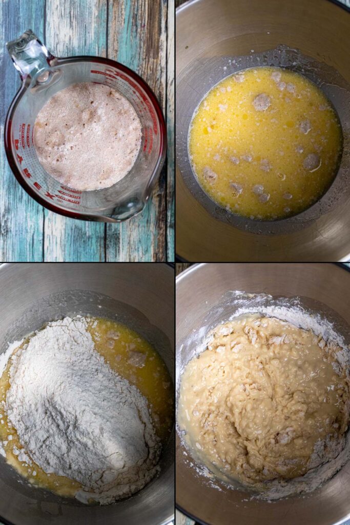 First four steps in making honey butter dinner rolls. Proofing yeast, mixing wet ingredients, adding flour, and mixing into a dough.