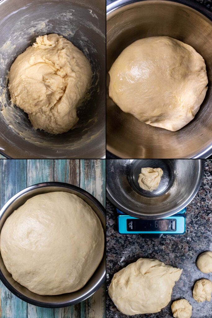 Next four steps in making honey butter dinner rolls. Kneading the dough, adding to bowl, letting rise until doubled, and splitting into 15 balls.
