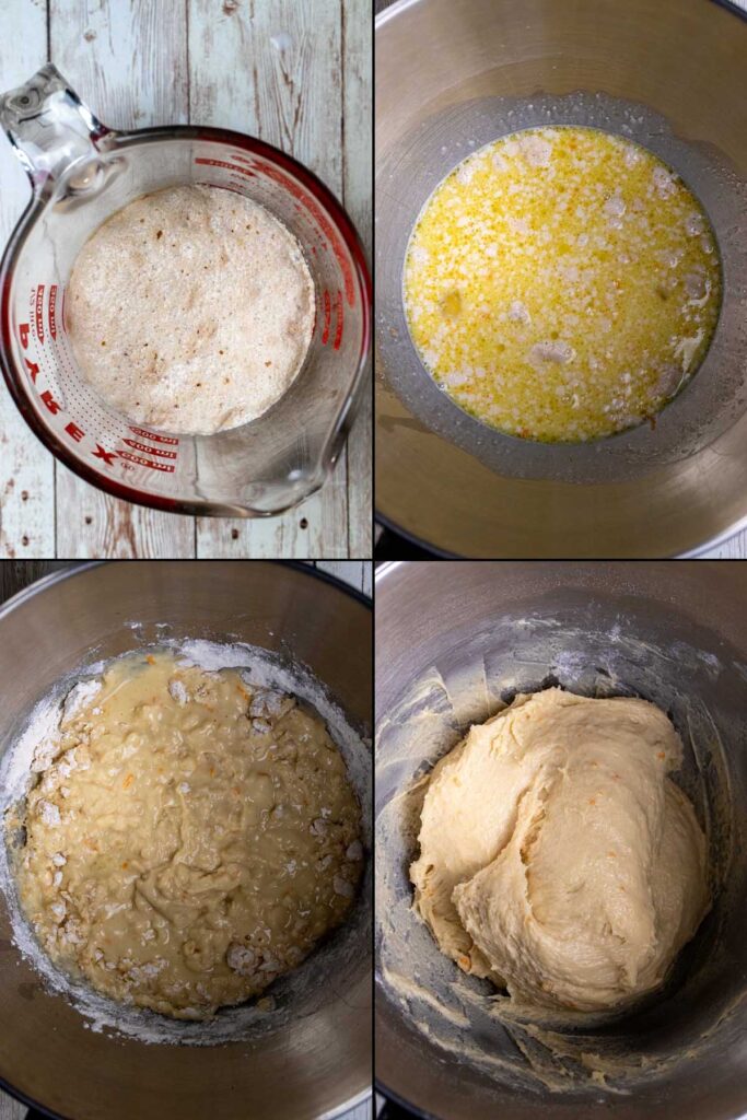 First 4 steps in making maritozzi, including proofing the yeast, mixing wet ingredients, adding flour, and kneading.