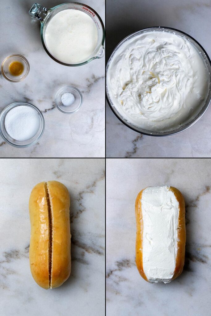 Making fresh whipped cream for maritozzi buns, cutting them open, then filling with whipped cream.
