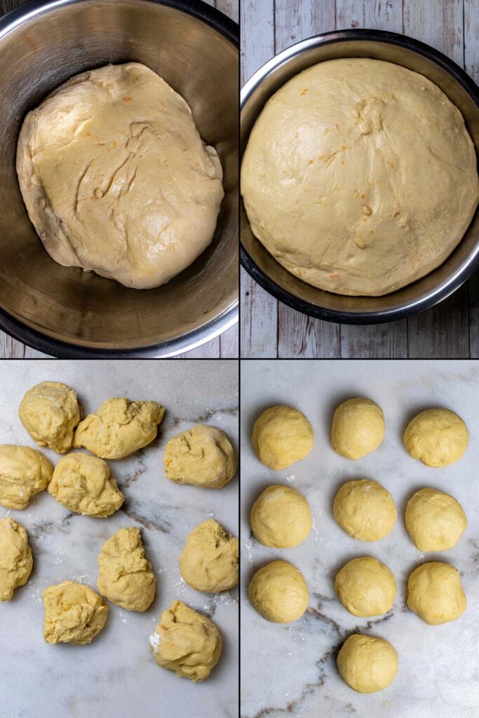 Maritozzi dough rising until doubled, portioned out, and shaped into smooth balls.