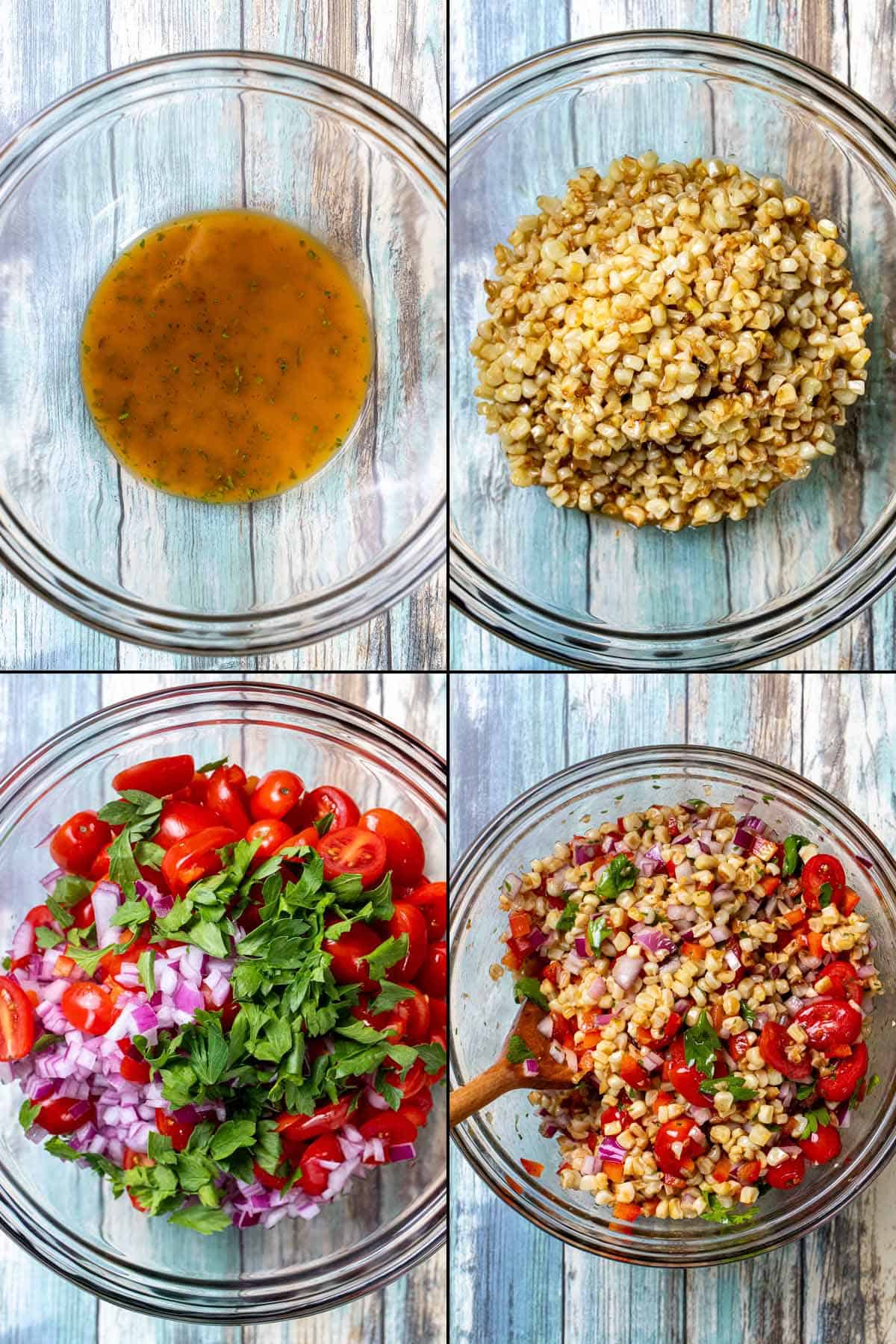 4 images assembling roasted corn salad including adding lime dressing to bowl, adding cooled corn, adding the rest of the vegetables, and stirring together.