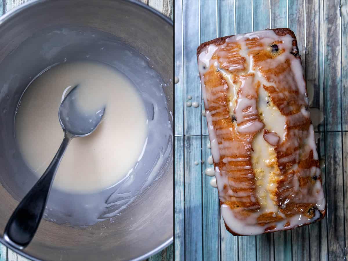 On the left: making lemon glaze. On the right: spooning glaze over cooled lemon blueberry loaf.