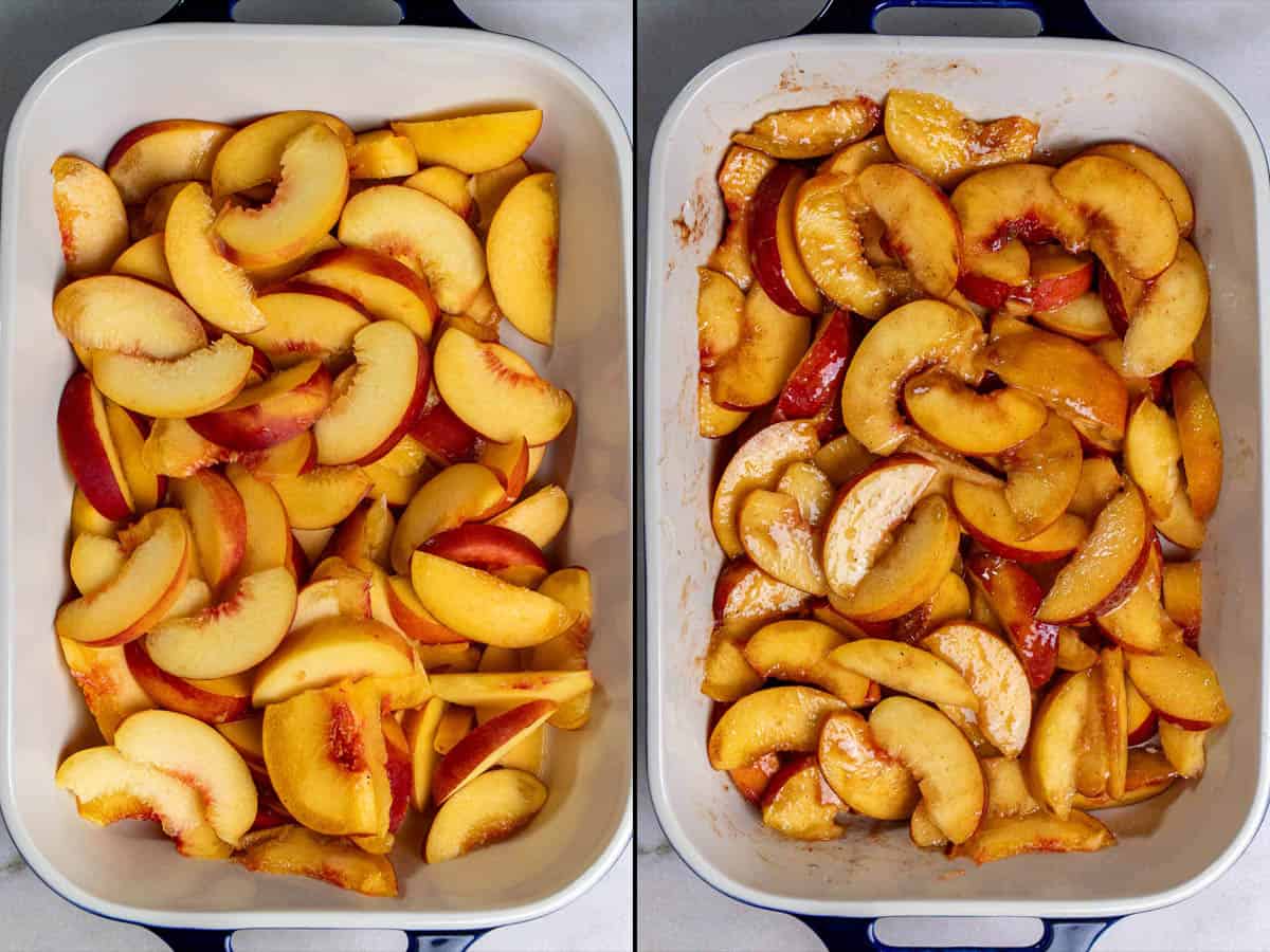Adding sliced peaches to baking dish, then coating with seasoning, sugar, and starch.