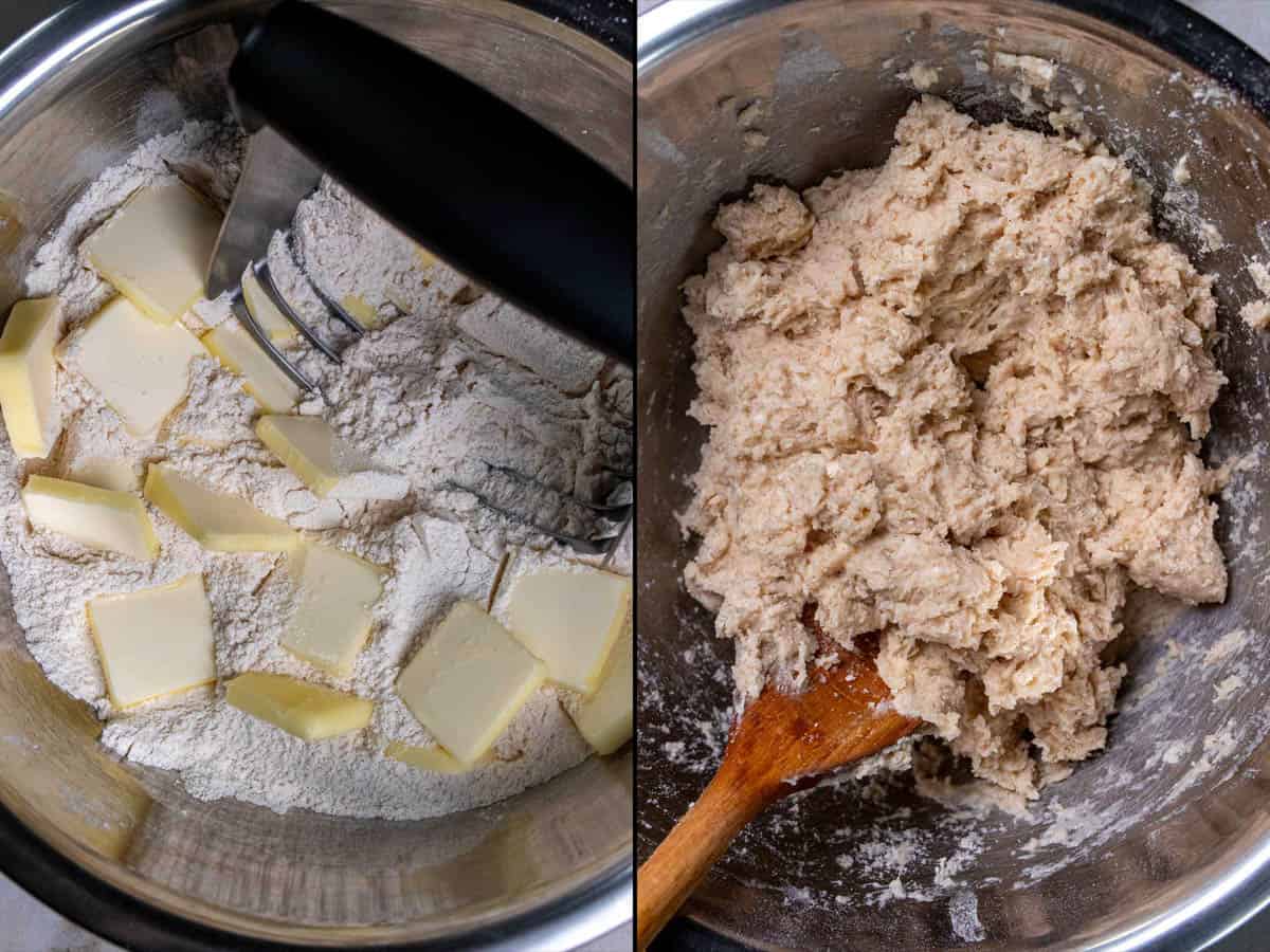 On the left: cutting cold butter into biscuit mix for cobbler. On the right: after adding buttermilk and combining into biscuit dough.