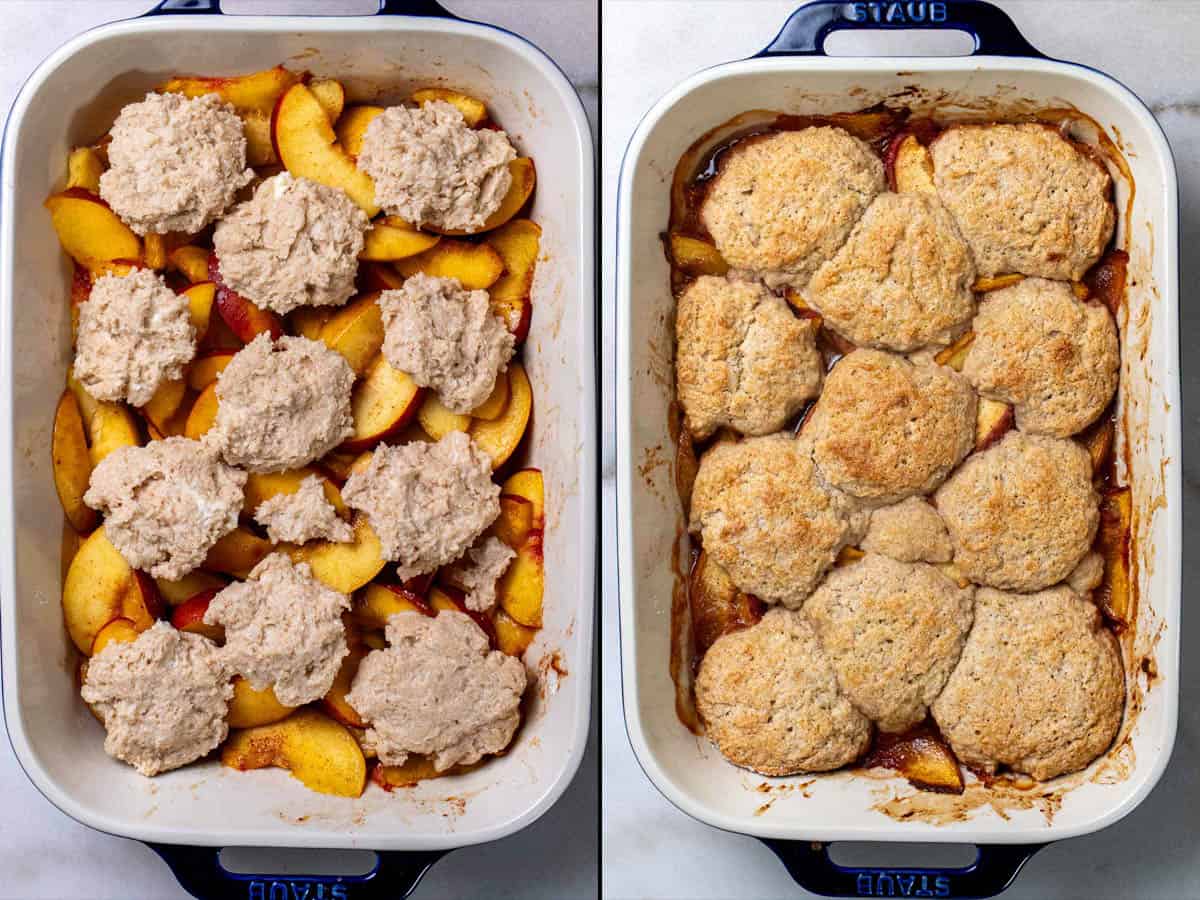 On the left: adding biscuit topping to peach cobbler. On the right: finished dish after baking.