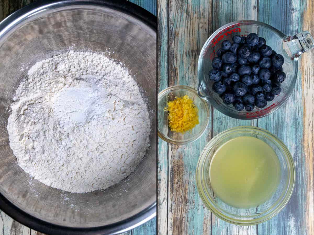 On the left: dry ingredients in a mixing bowl. On the right: washed blueberries and lemon zest and juice portioned out.