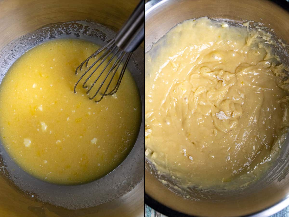 On the left: wet ingredients whisked together. On the right: dry ingredients whisked together alternatively mixed with milk into batter.