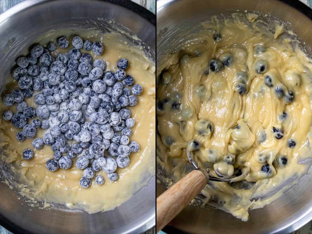 On the left: floured blueberries added to batter. On the right: blueberries folding into batter.