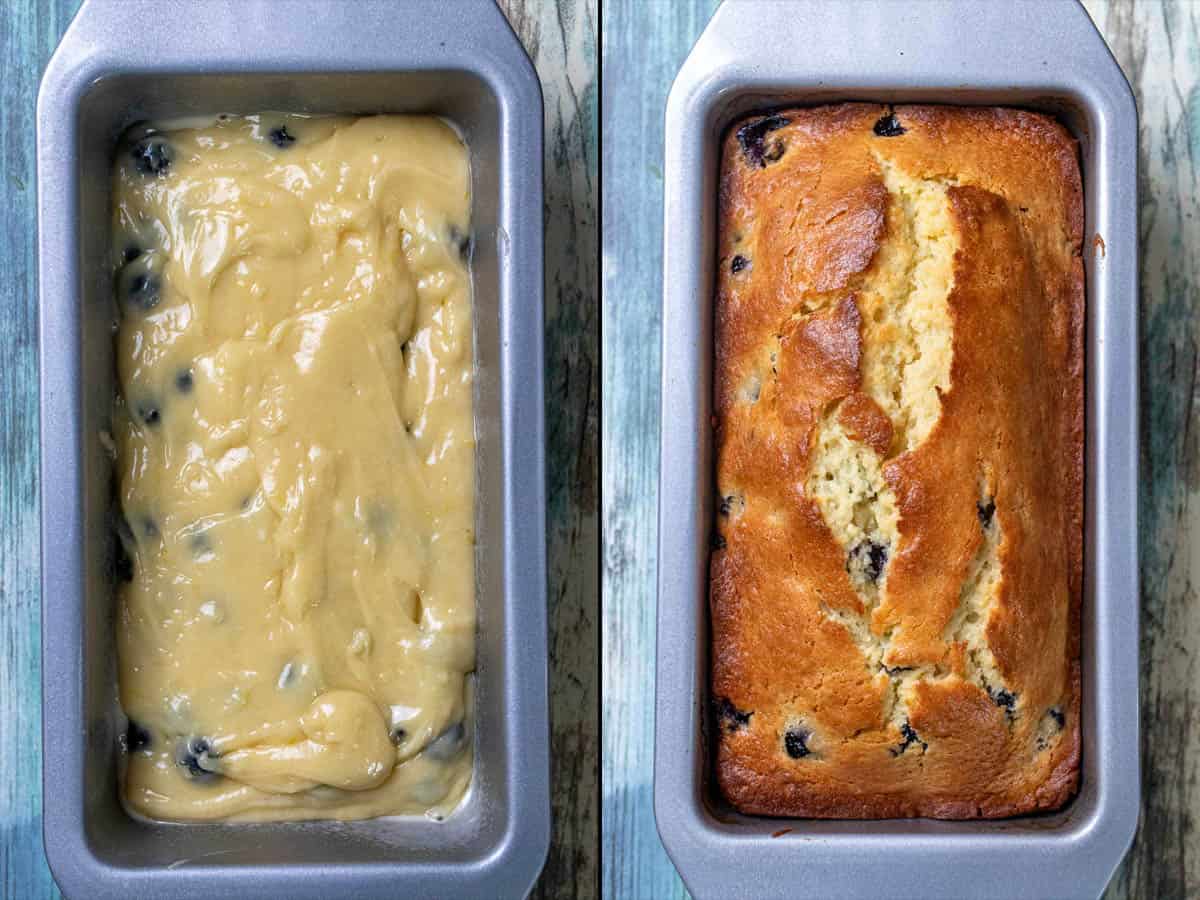 Before and after of lemon blueberry loaf being baked.