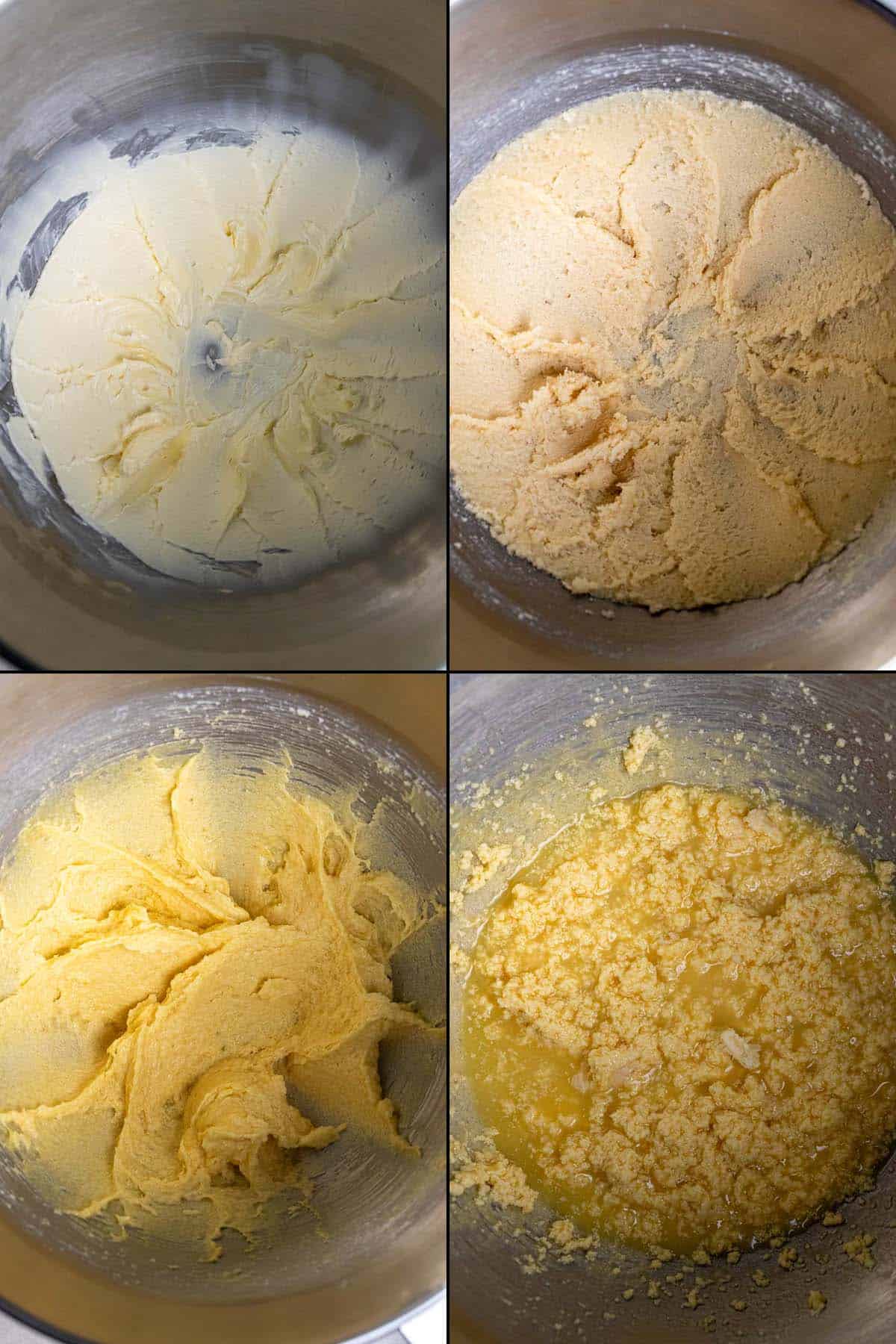 First 4 steps in making pina colada cupcakes, including whipping the butter, creaming the butter and sugar, whipping in the eggs, and mixing in the other wet ingredients. 
