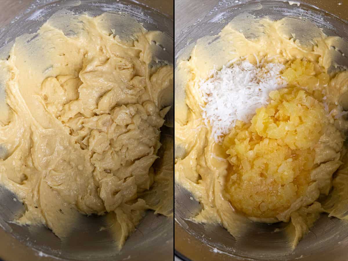 The next two steps in making pina colada cupcakes, including mixing in the dry ingredients and then folding in the crushed pineapple and shredded coconut.