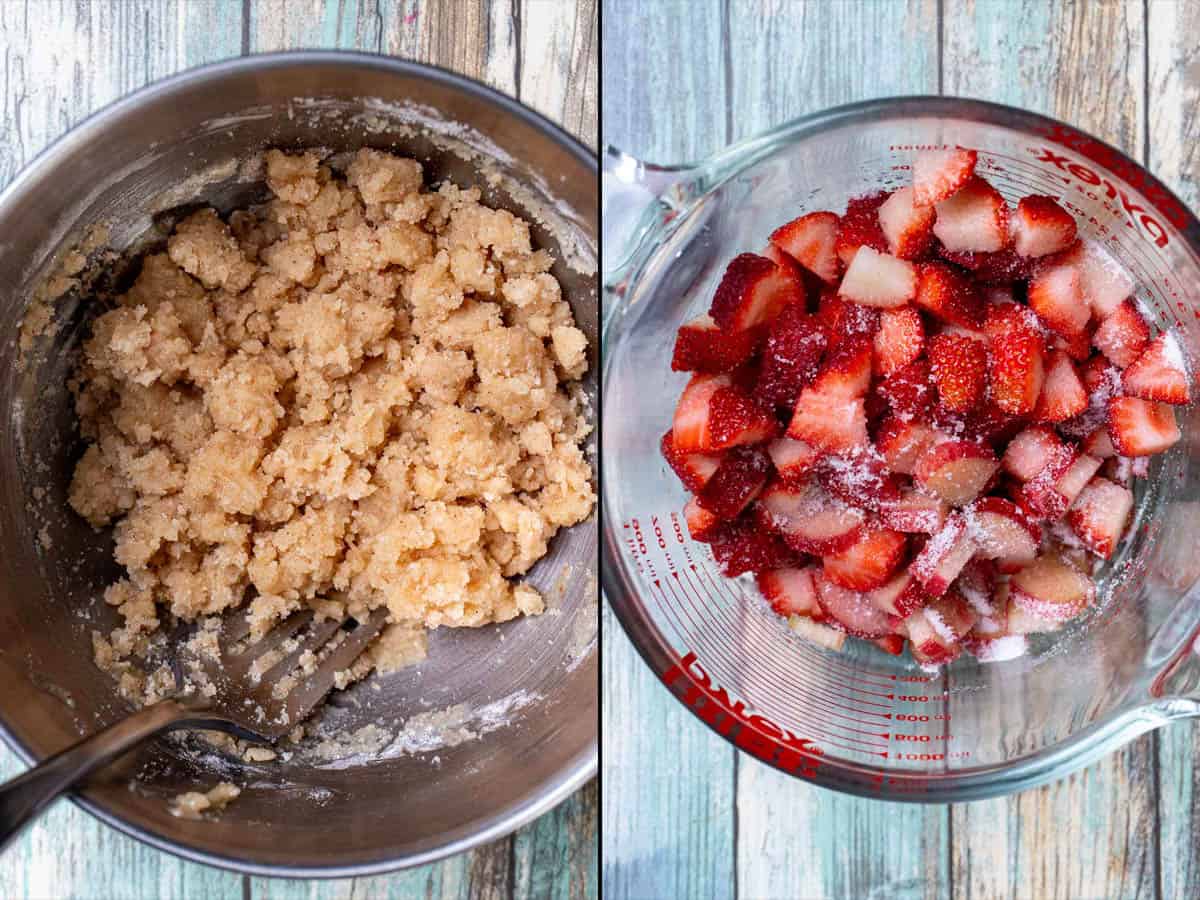 Making streusel topping and dicing strawberries and rhubarb for muffins.