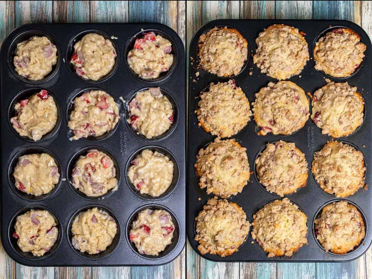 Last steps in making strawberry rhubarb muffins. Filling muffin pan full and adding streusel, then baking. 