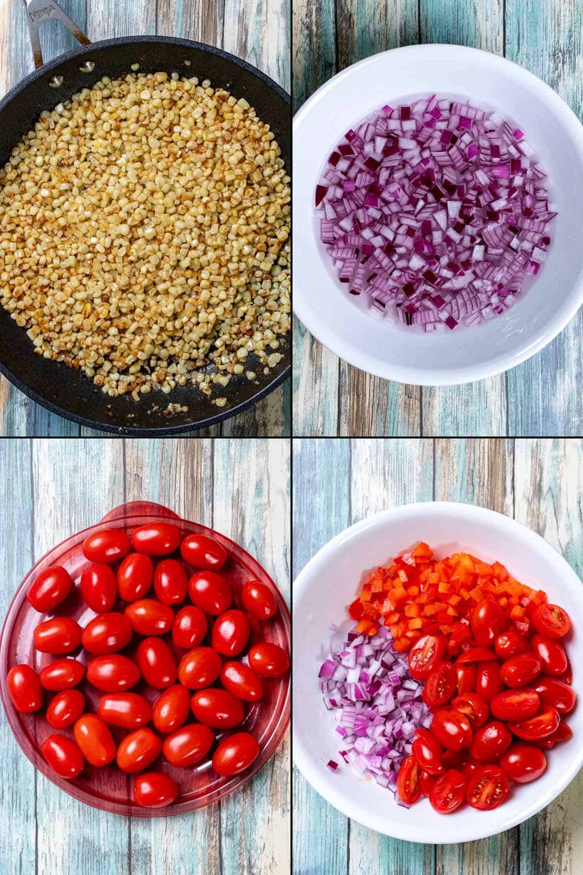 4 images of vegetable prep for corn salad, including roasting corn kernels, soaking diced red onion, slicing grape tomatoes, and setting everything aside.