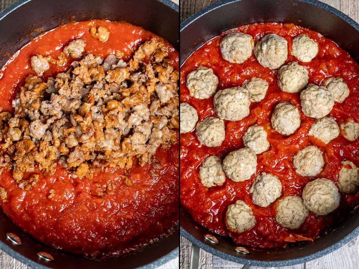 Next step in making baked rigatoni with sausage and meatballs: adding browned sausage to sauce, followed by meatballs.