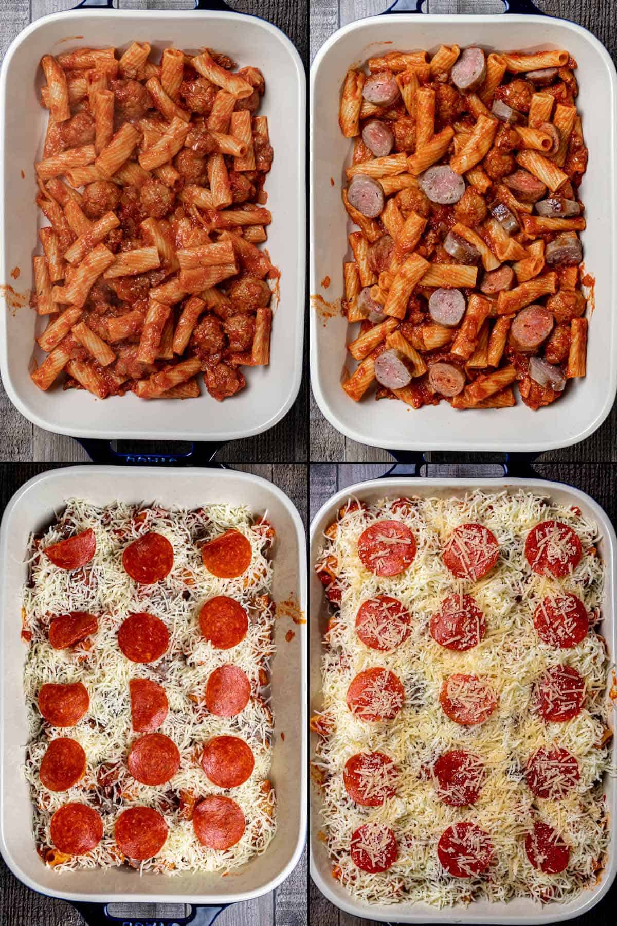 Four steps in layering baked rigatoni. Start with sauced pasta, add sausage slices, cover with mozzarella and pepperoni, repeat layer and finish with shredded parmesan cheese.
