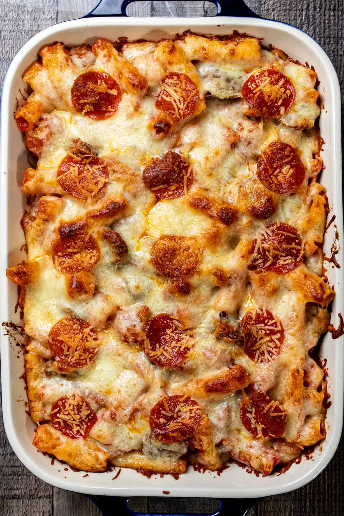 Baked rigatoni with Italian sausage and meatballs right out of the oven.
