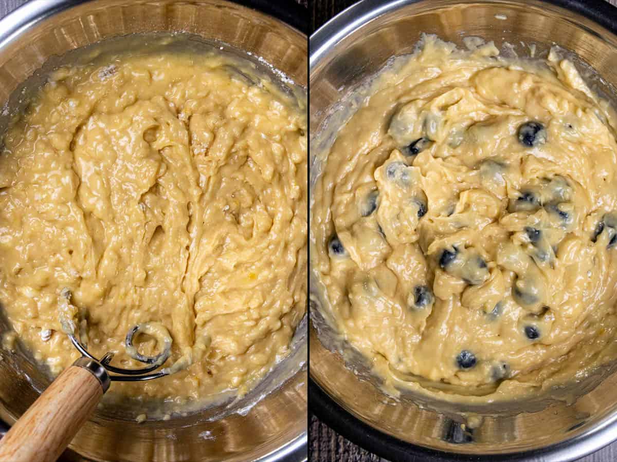 Next two steps in making blueberry swirl muffins. On the left the dry ingredients are added, and on the right the blueberries are folded in. 
