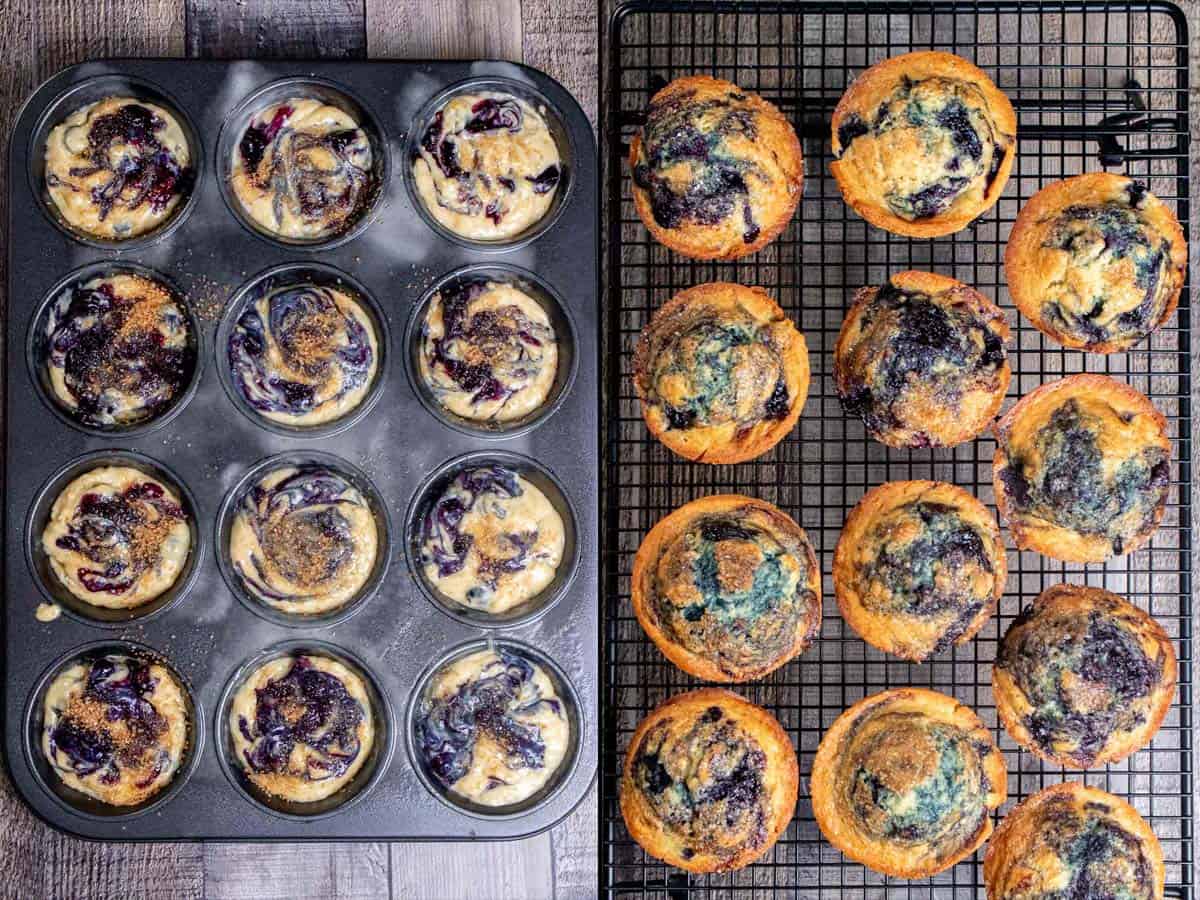 Final two steps in making blueberry swirl muffins. On the left the batter is added to the muffin pan to bake, and on the right the muffins are baked and cooling.