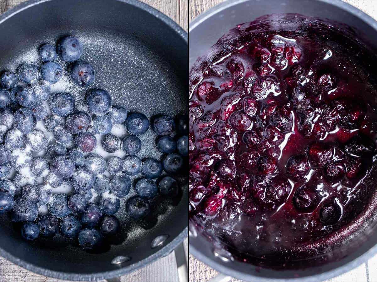 2 images showing blueberries and sugar in a saucepan on the left, and the cooked down sauce on the right.