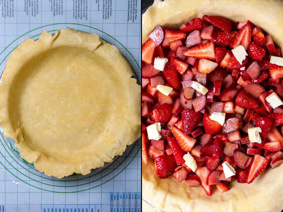 Picture on left of an unfilled pie shell in a glass pie dish. Picture on right with the filling place in the pie and dotted with pieces of butter.