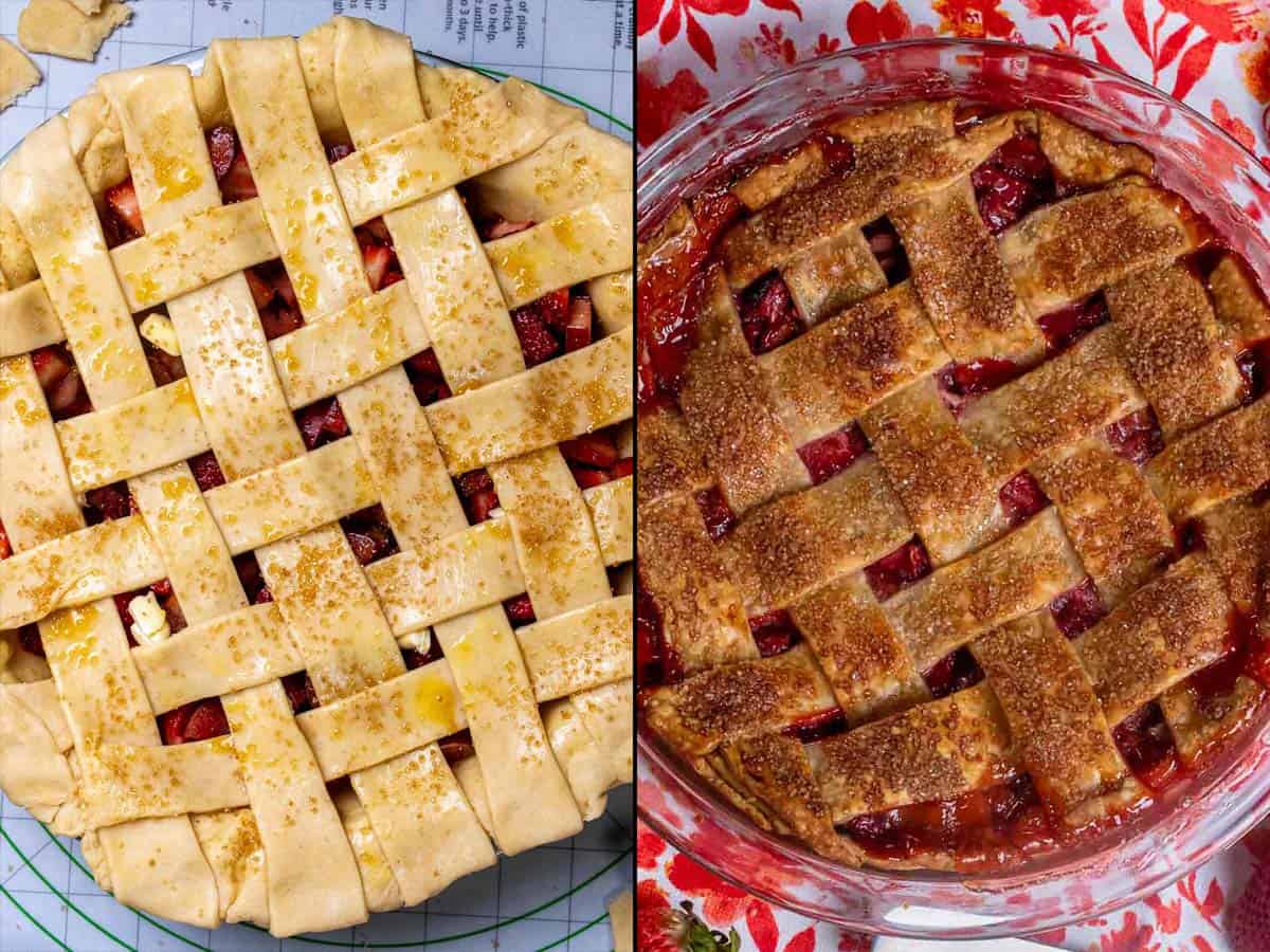 Picture on left of strawberry rhubarb pie covered with a lattice top. Picture on the right of the baked pie.