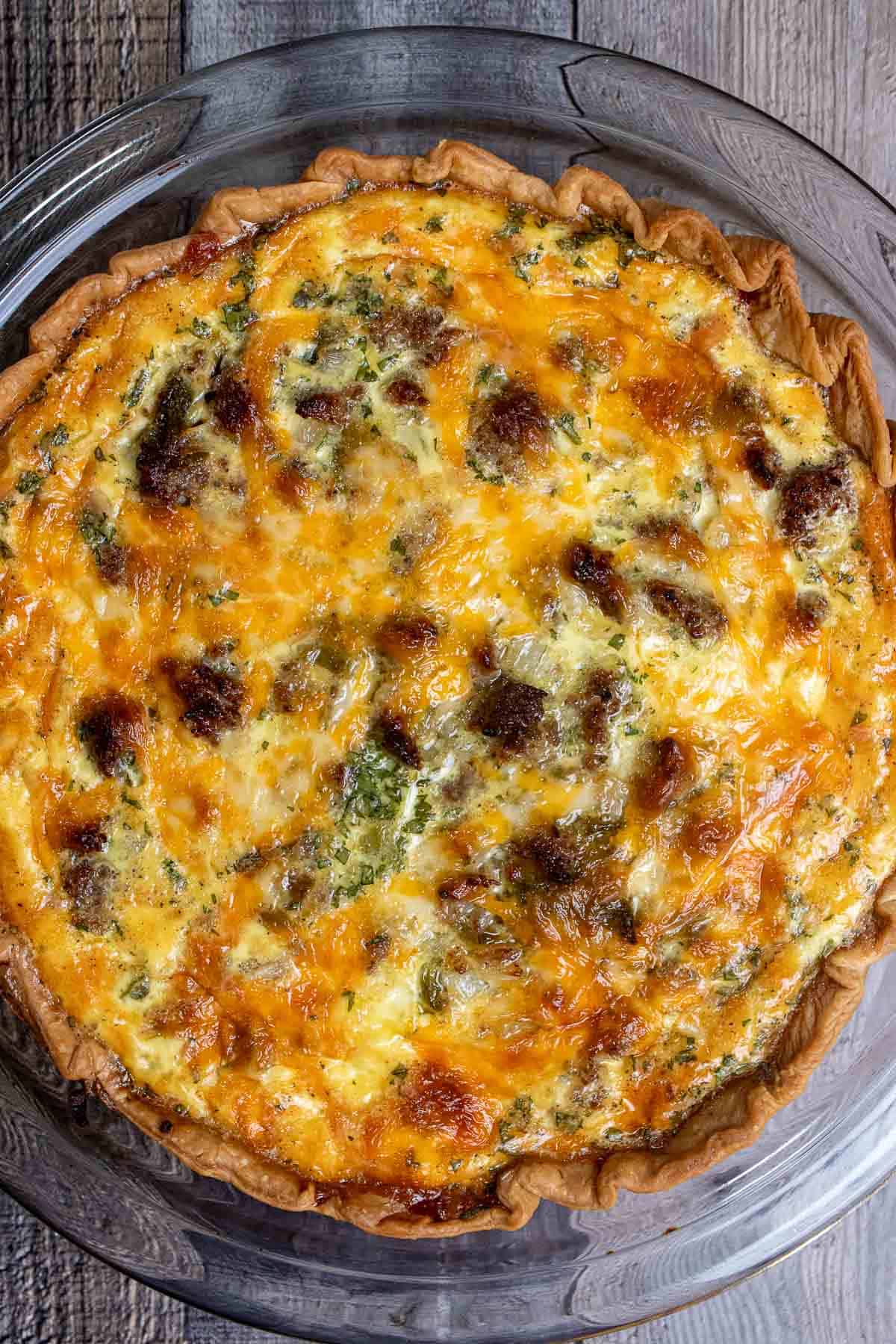 Baked and cooled Hatch green chile and sausage quiche.