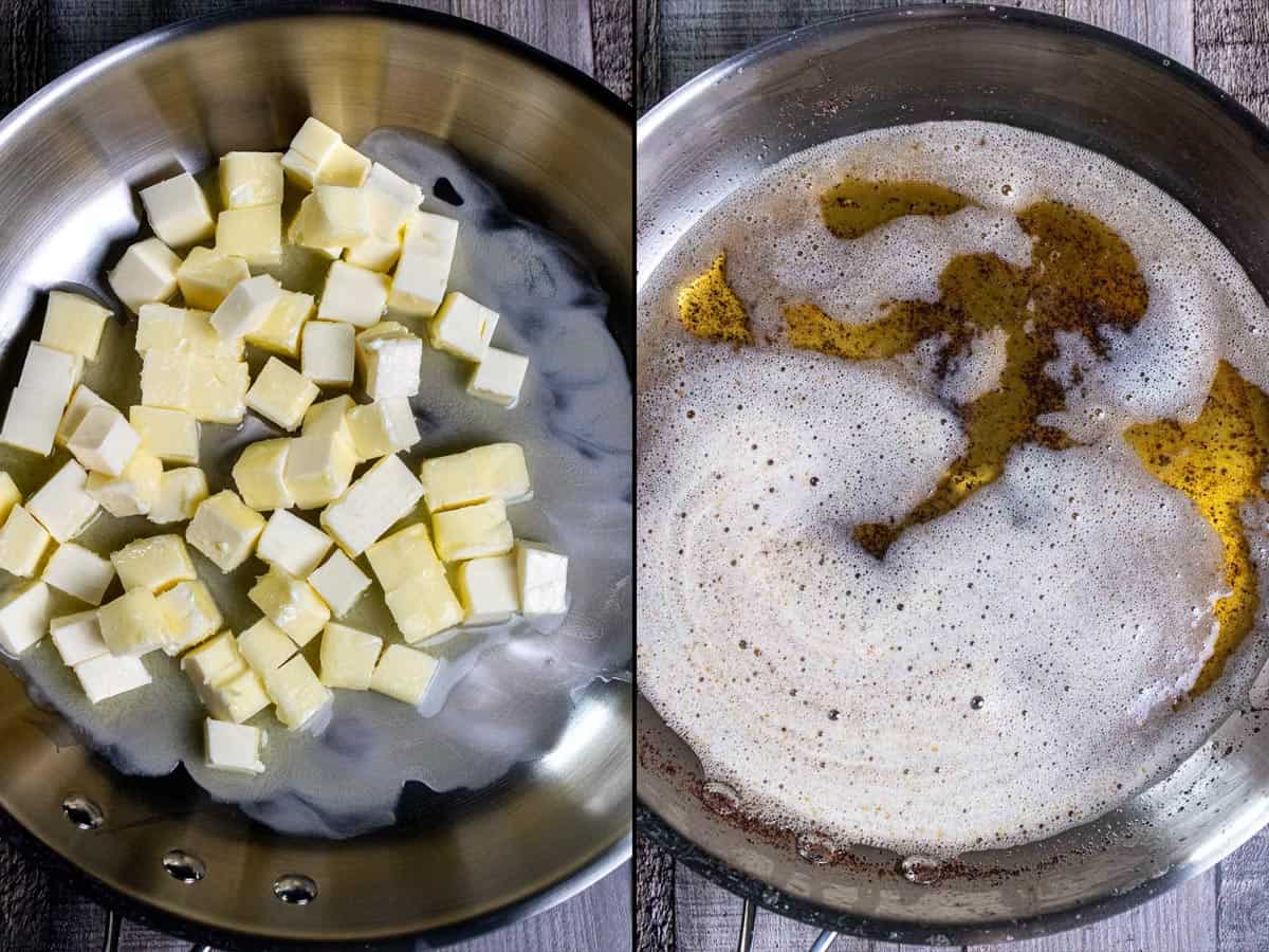 Two pictures of melting butter in a stainless-steel skillet and slowly making browned butter.